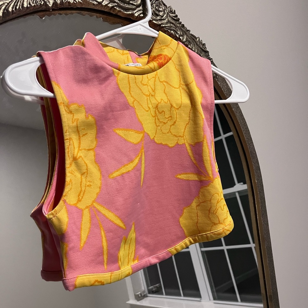 Zara jacquard, pink and yellow floral tank top
